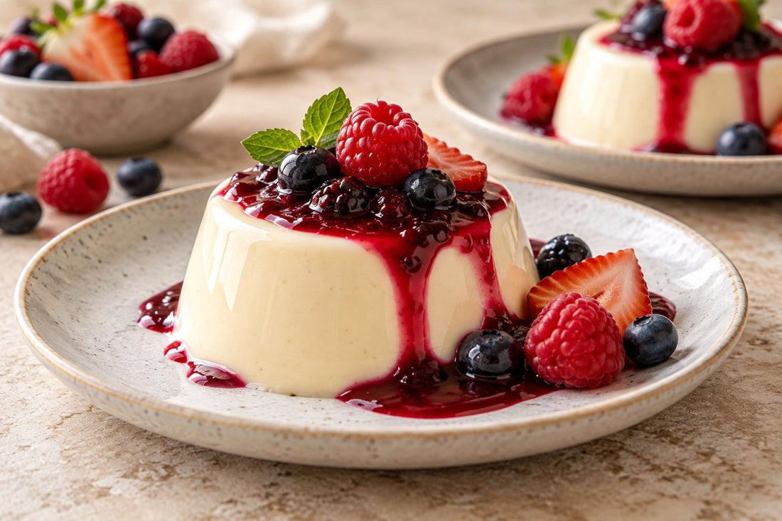 Gluten-Free Berry Vanilla Panna Cotta, unmolded on a plate with vanilla beans