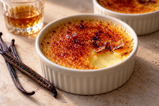 Gluten-Free Bourbon Vanilla Crème Brûlée in a ramekin with a caramelized sugar crust
