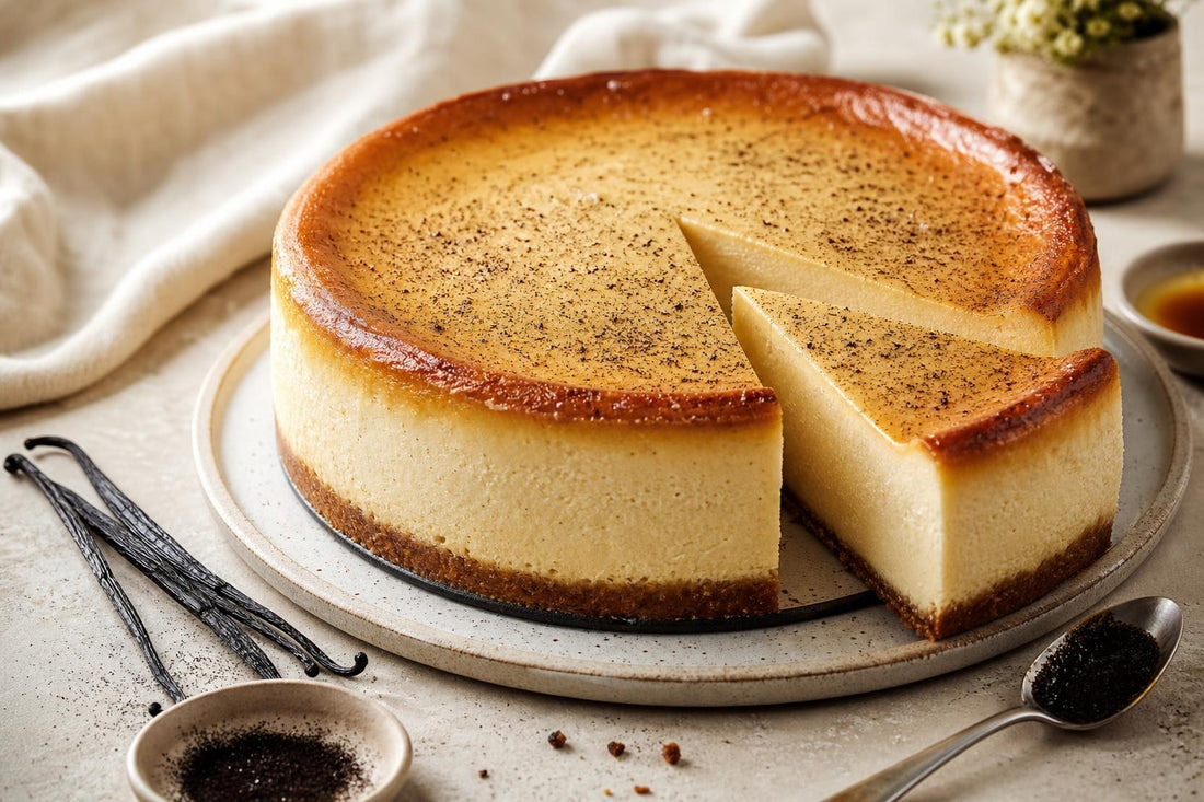 Gluten-free brown butter vanilla cheesecake made with Ugandan vanilla