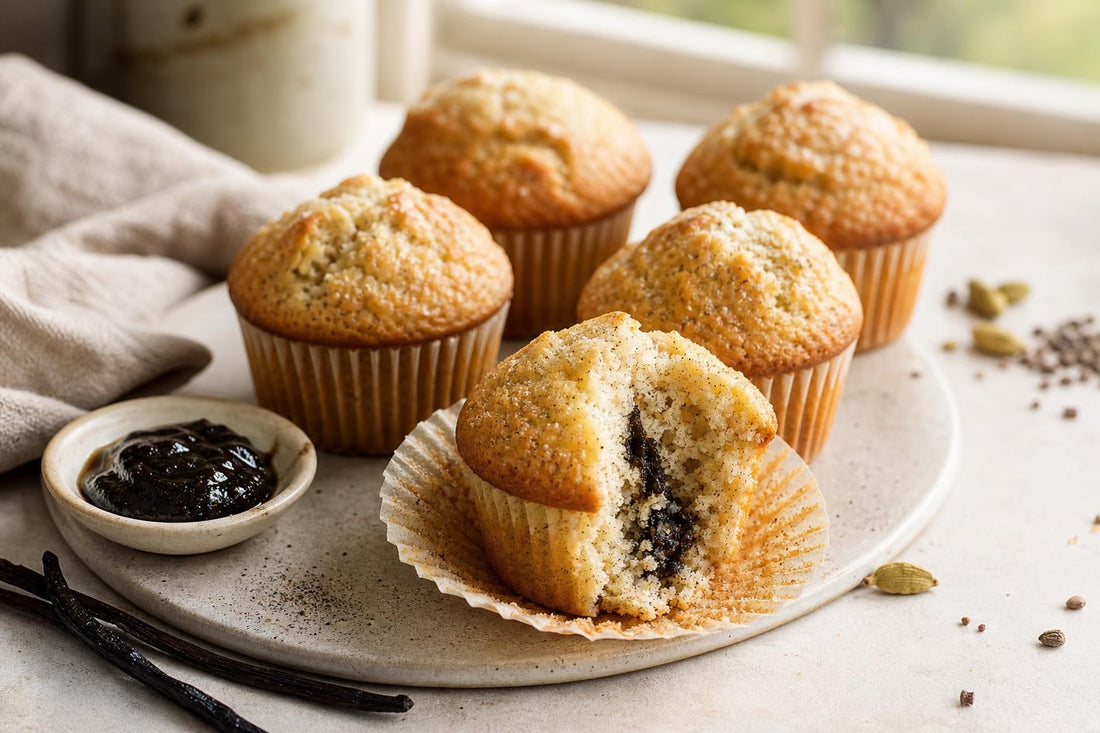 Gluten-free cardamom vanilla muffins made with Madagascar vanilla