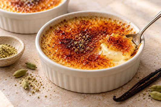 Gluten-Free Cardamom Vanilla Crème Brûlée in a ramekin with a caramelized sugar crust
