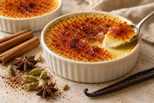 Gluten-Free Chai Vanilla Crème Brûlée in a ramekin with a caramelized sugar crust