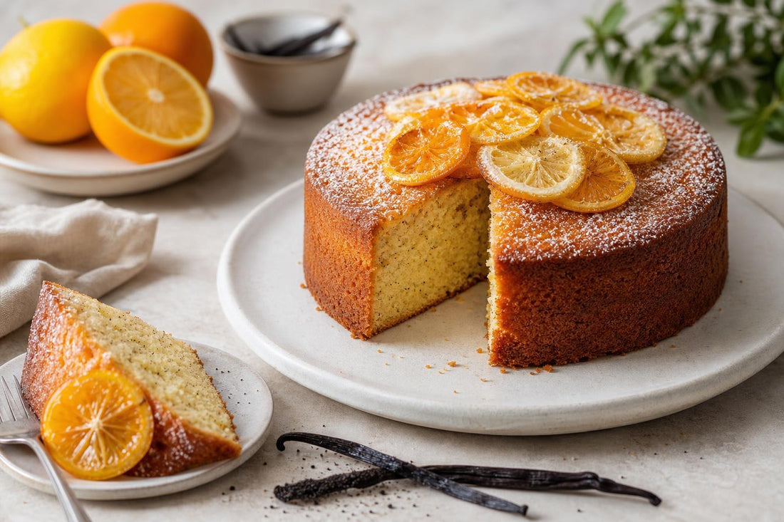 Gluten-free citrus vanilla layer cake made with Tahitian vanilla