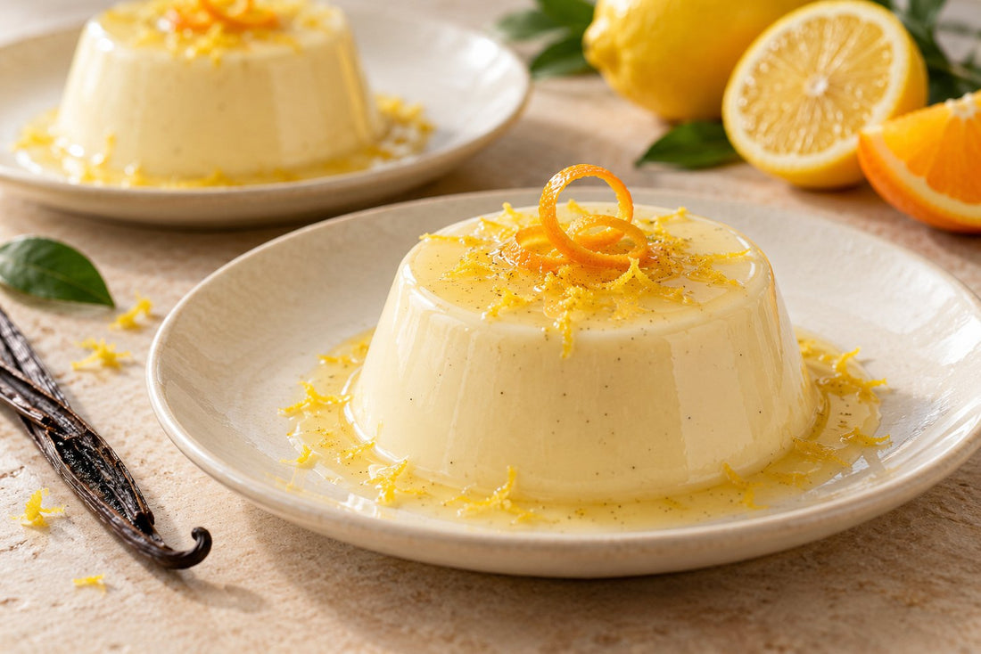 Gluten-Free Citrus Vanilla Panna Cotta, unmolded on a plate with vanilla beans