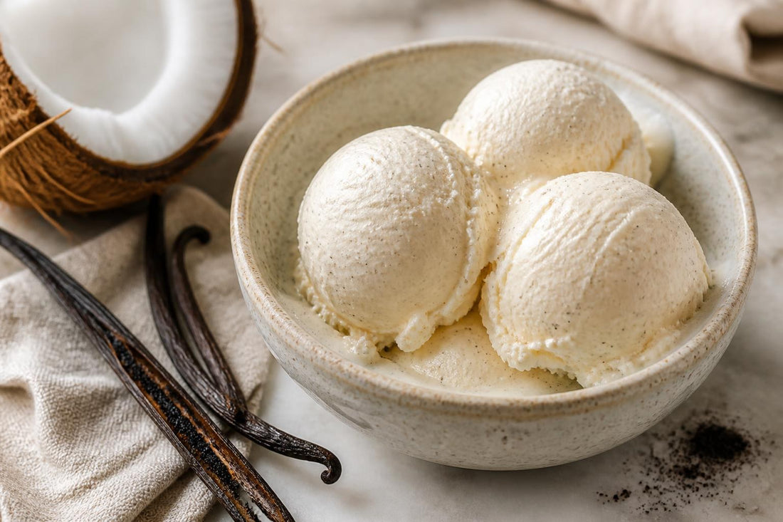 Gluten-free coconut vanilla ice cream made with Indonesian vanilla