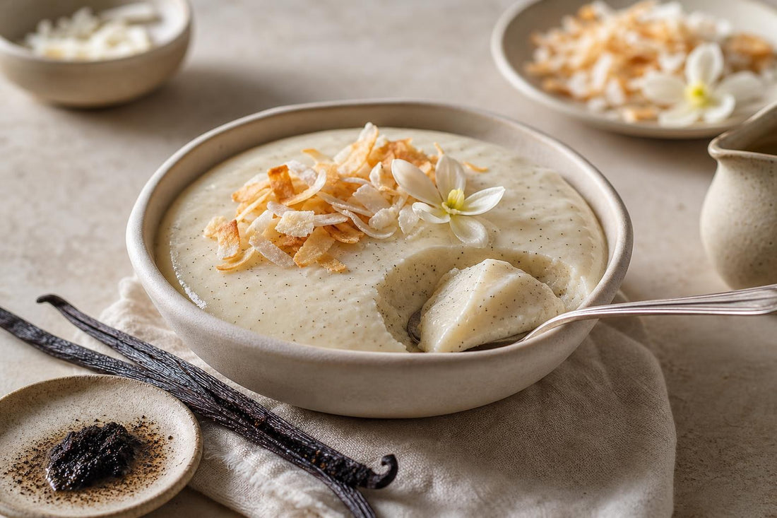 Gluten-free coconut vanilla pudding made with Indonesian vanilla