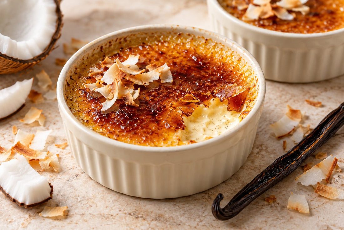 Gluten-Free Coconut Vanilla Crème Brûlée in a ramekin with a caramelized sugar crust