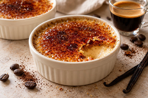 Gluten-Free Espresso Vanilla Crème Brûlée in a ramekin with a caramelized sugar crust
