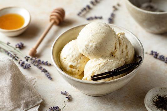 Gluten-free honey lavender vanilla ice cream made with Tahitian vanilla