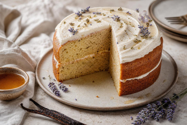 Gluten-free honey lavender vanilla layer cake
