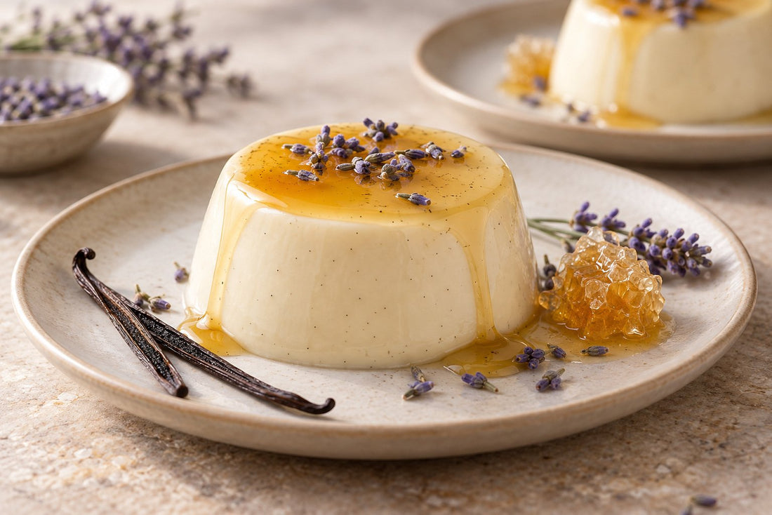 Gluten-Free Honey Lavender Vanilla Panna Cotta, unmolded on a plate with vanilla beans