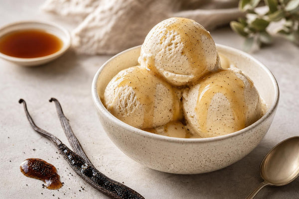 Gluten-free maple vanilla ice cream made with Indonesian vanilla
