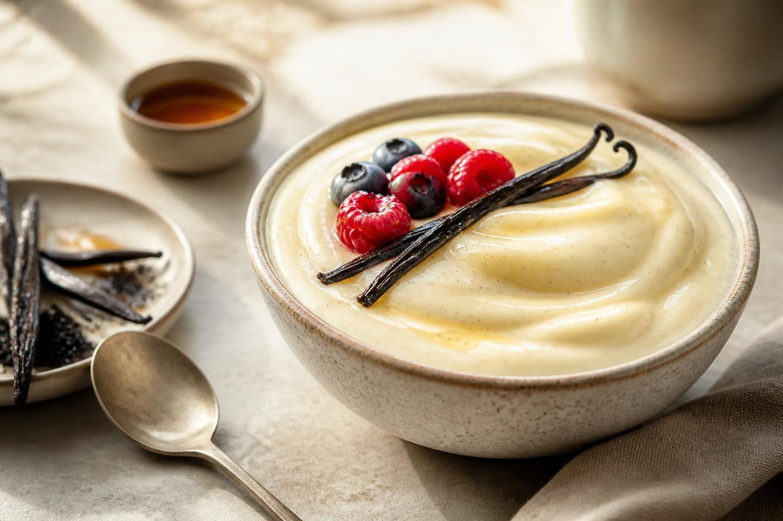 Gluten-free maple vanilla pudding made with Tahitian vanilla