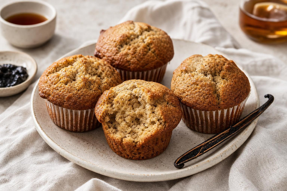 Gluten-free maple vanilla muffins made with Ugandan vanilla