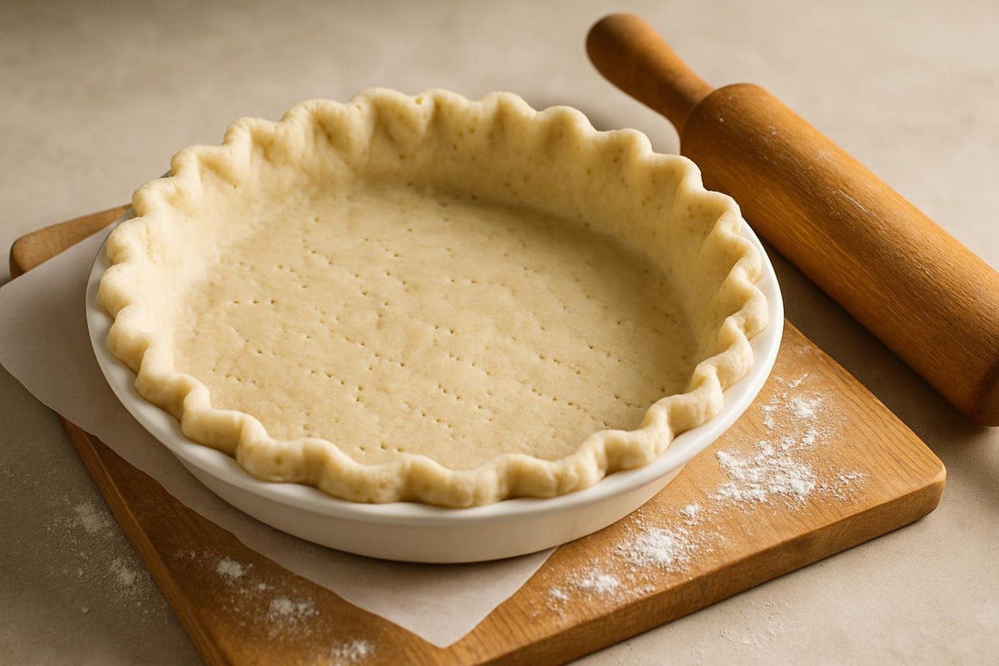 An unfilled, crimped gluten-free pie crust in a ceramic pie plate on a floured wooden board with a rolling pin beside it