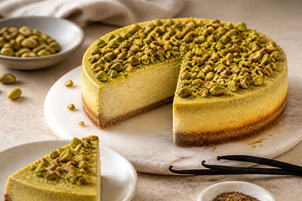Gluten-free pistachio vanilla cheesecake made with Indonesian vanilla