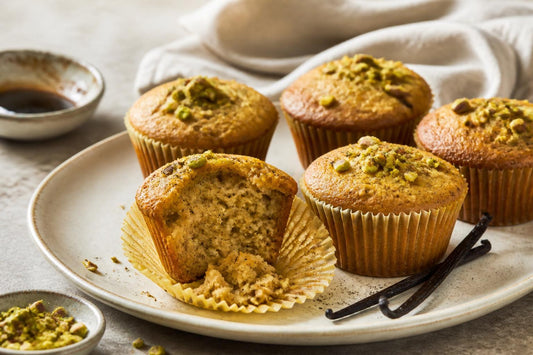 Gluten-free pistachio vanilla muffins made with Mexican vanilla