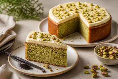 Gluten-free pistachio vanilla layer cake made with Tahitian vanilla