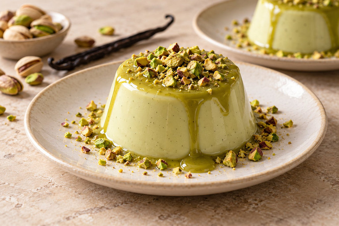 Gluten-Free Pistachio Vanilla Panna Cotta, unmolded on a plate with vanilla beans