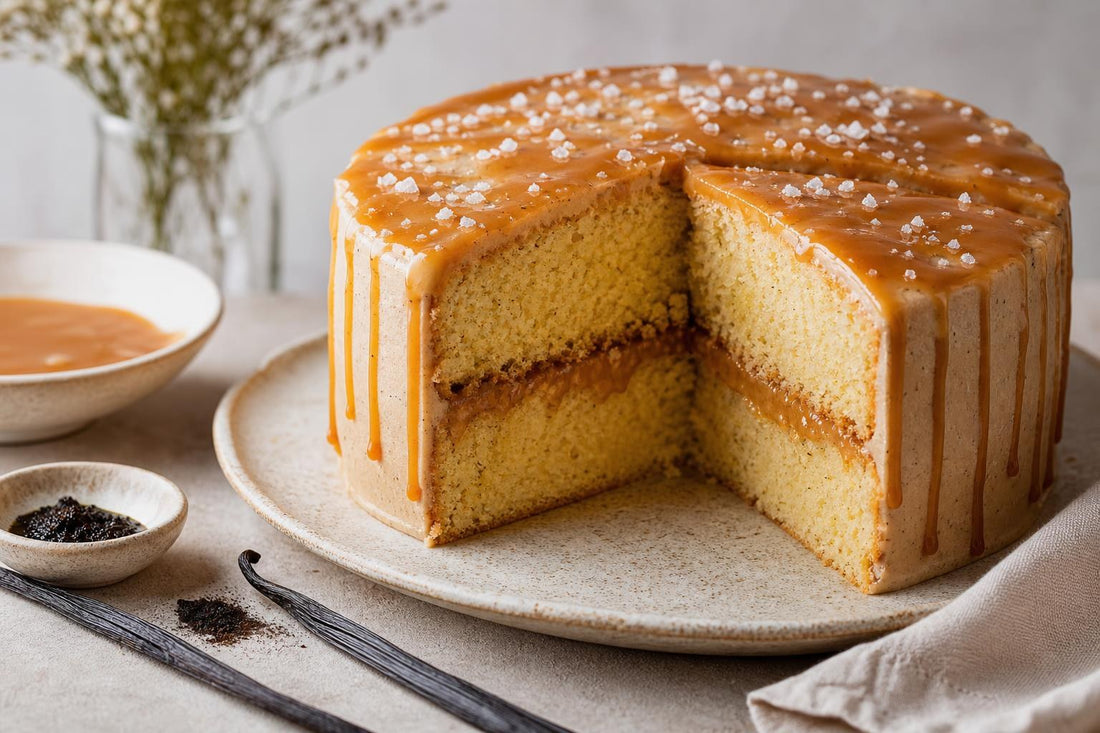 Gluten-free salted caramel vanilla layer cake made with Indonesian vanilla
