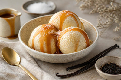 Gluten-free salted caramel vanilla ice cream made with Indonesian vanilla