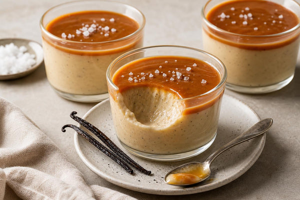 Gluten-free salted caramel vanilla pudding made with Madagascar vanilla