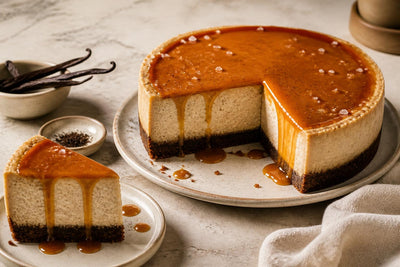 Gluten-free salted caramel vanilla cheesecake made with Mexican vanilla