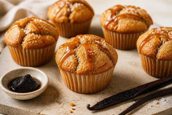 Gluten-free salted caramel vanilla muffins made with Mexican vanilla
