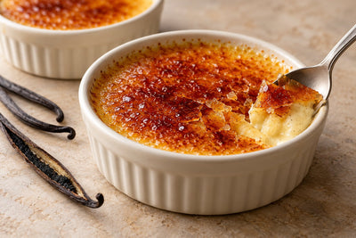 Gluten-Free Vanilla Crème Brûlée in a ramekin with a caramelized sugar crust