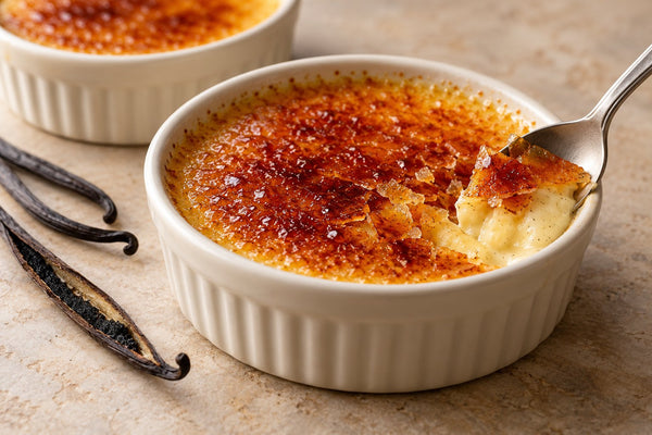 Gluten-Free Vanilla Crème Brûlée in a ramekin with a caramelized sugar crust
