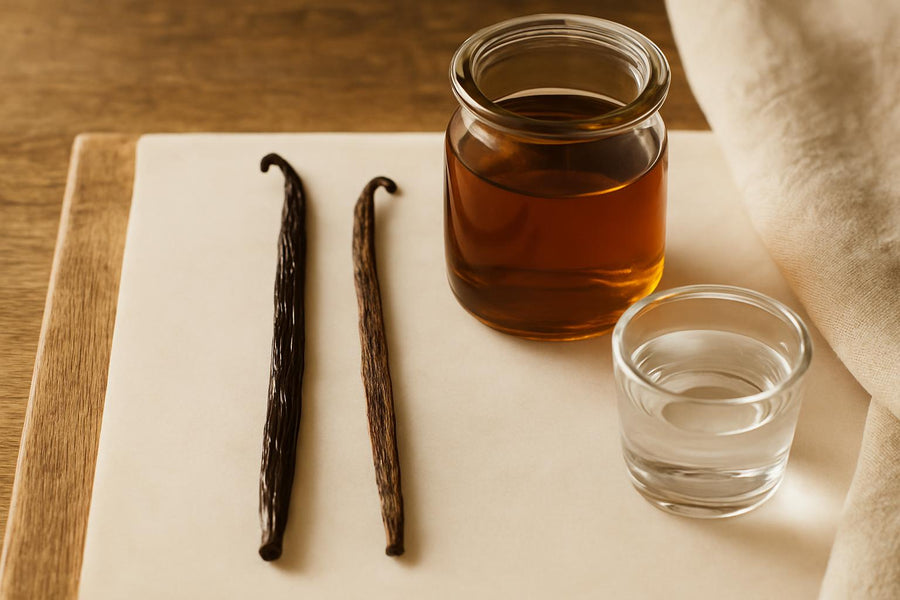 Grade A and Grade B vanilla beans side by side with jar of homemade vanilla extract