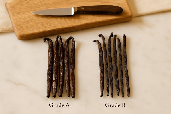 Grade A and Grade B Madagascar vanilla beans side by side on white marble surface, Grade A plump and glossy on left, Grade B