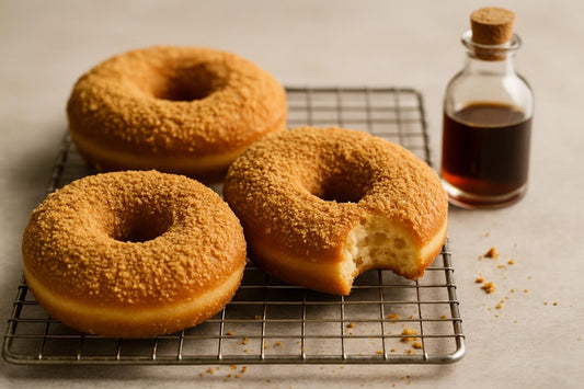 Doughnuts finished with graham cracker crumbs on a cooling rack