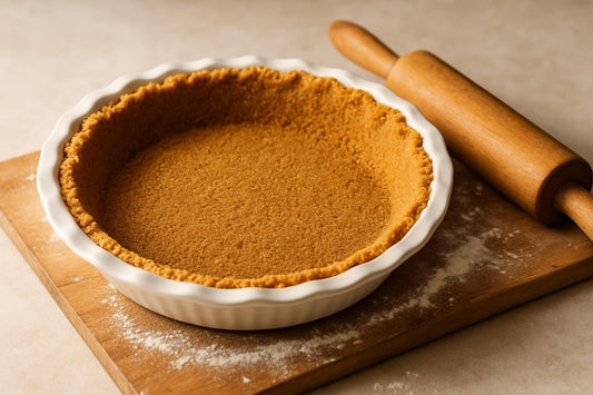 An unfilled, crimped graham cracker crust in a ceramic pie plate on a floured wooden board with a rolling pin beside it