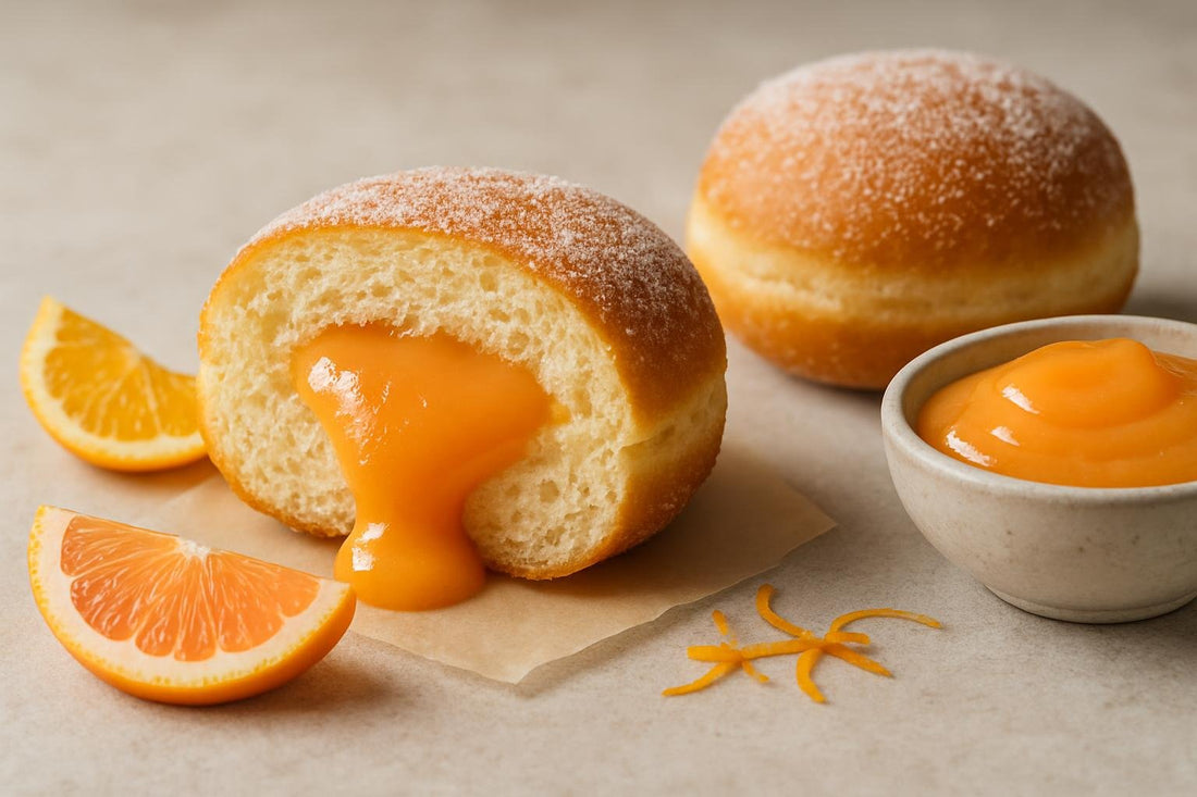 Filled doughnut cut open to show grapefruit curd