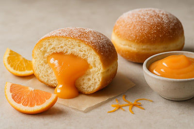 Filled doughnut cut open to show grapefruit curd