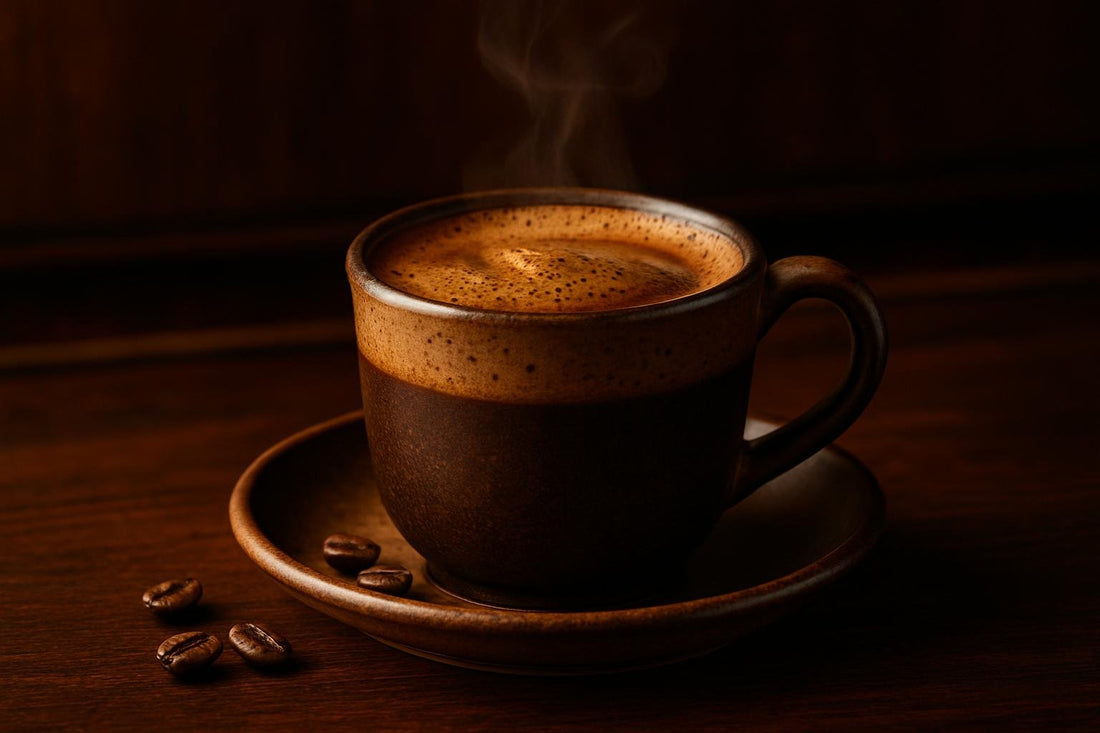 Greek Coffee in a ceramic mug on an oak bar