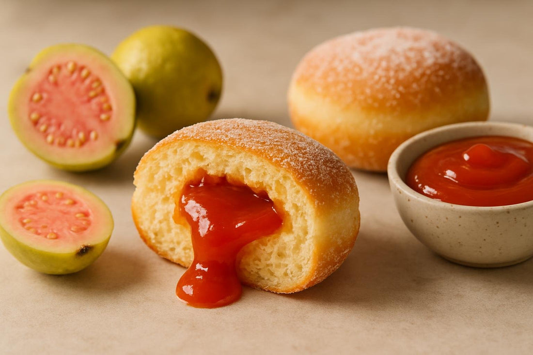 Filled doughnut cut open to show guava jam filling