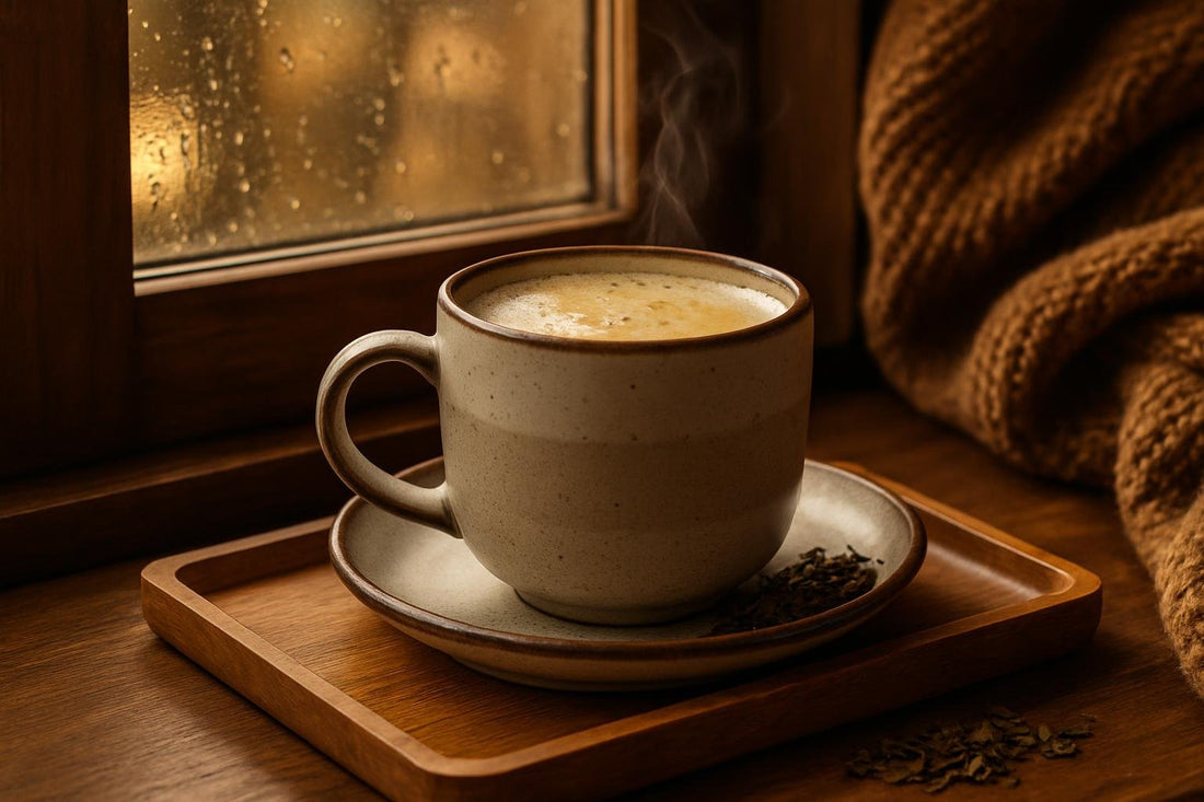 Gunpowder Green Tea in a ceramic mug on an oak tray by a window