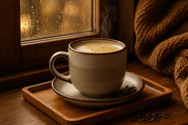 Gunpowder Green Tea in a ceramic mug on an oak tray by a window