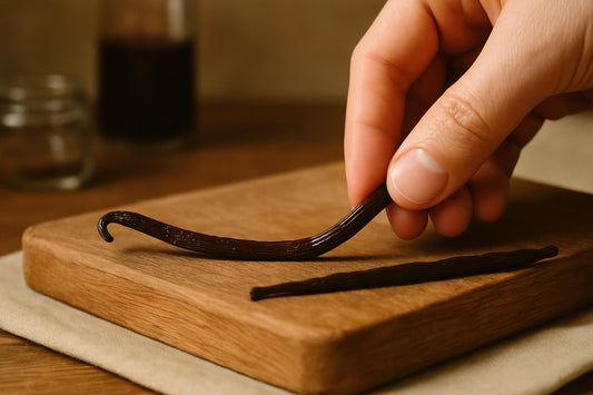 Comparison of a fresh pliable vanilla bean and a hard dried vanilla bean on a wooden surface