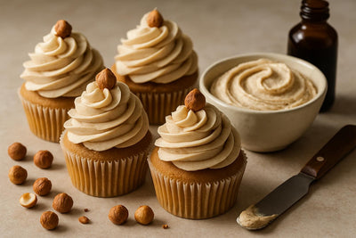 Cupcakes piped with hazelnut buttercream frosting