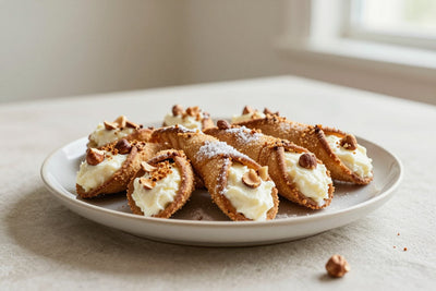 Hazelnut cannoli on a plate, crisp shells with the creamy filling piped out of both ends