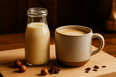 Hazelnut Creamer in a ceramic mug on an oak kitchen island