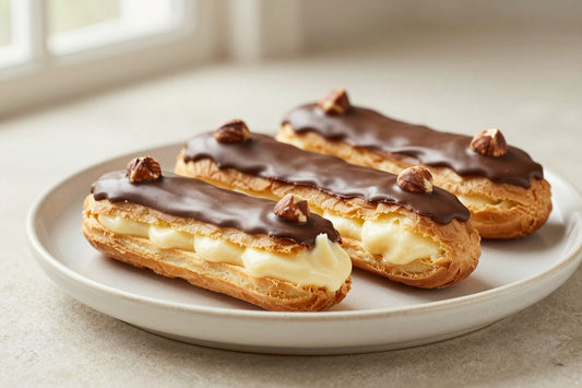 A row of hazelnut éclairs on a plate, glossy topping, one cut to show the creamy filling