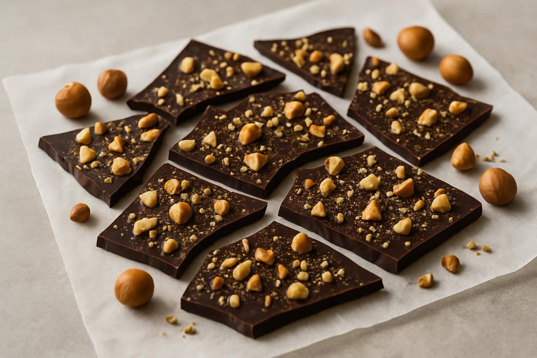 Shards of hazelnut espresso bark on parchment