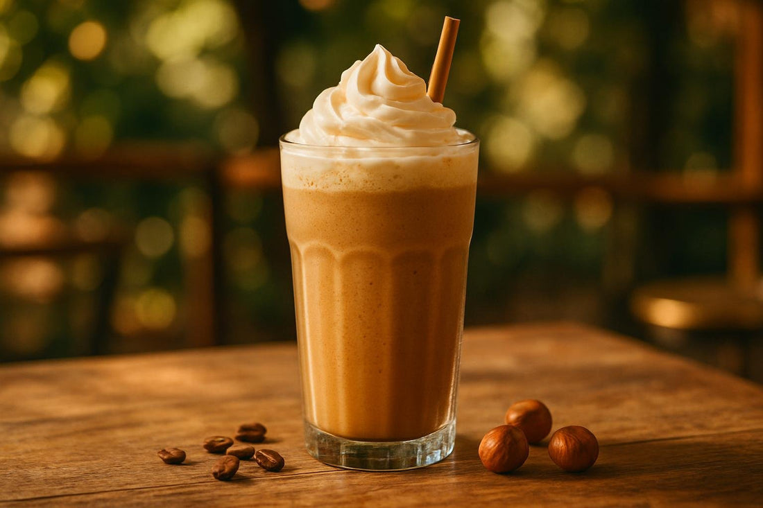 Hazelnut Frappé in a glass on an oak patio table
