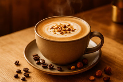 Hazelnut Latte in a ceramic mug on an oak kitchen island