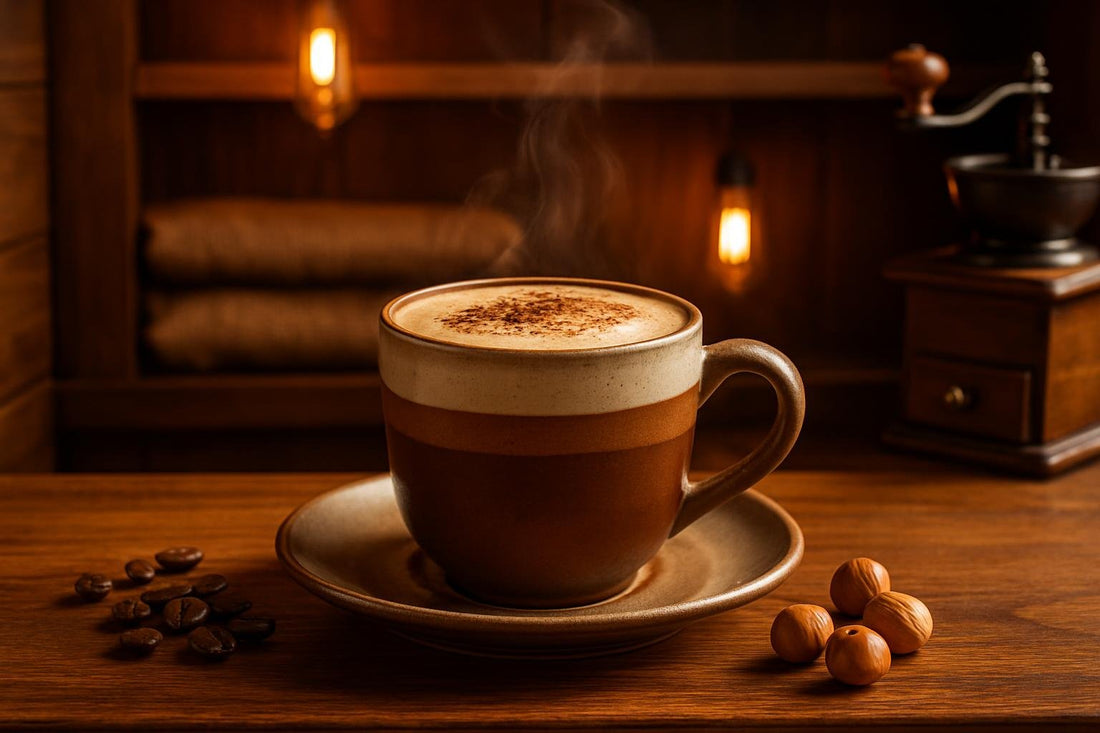 Hazelnut Mocha in a ceramic mug on an oak bar