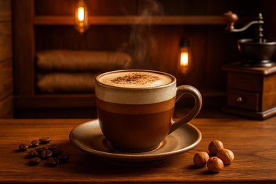 Hazelnut Mocha in a ceramic mug on an oak bar